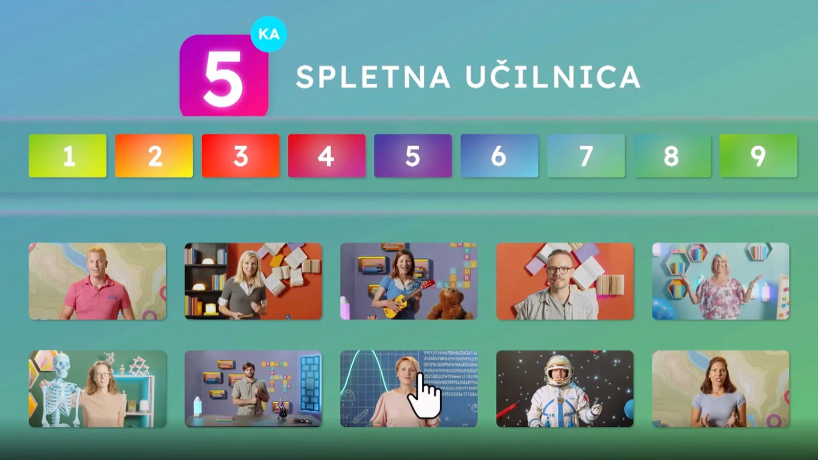 Promotional graphic for 5KA Spletna učilnica showing a row of nine numbered grade tiles in a rainbow gradient above two rows of teacher thumbnails — instructors photographed in colourful classroom sets, several with props including a skeleton model, a ukulele, an astronaut backdrop and a chalkboard of equations
