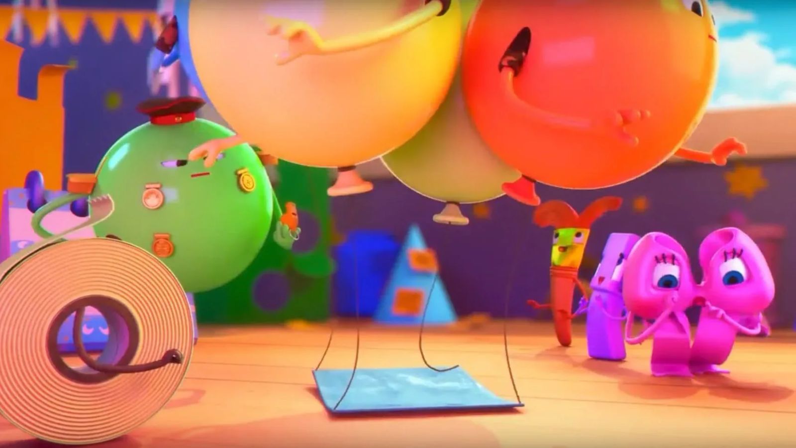 Colourful animated scene from OTO featuring anthropomorphic balloon characters and toy creatures at a festive birthday party