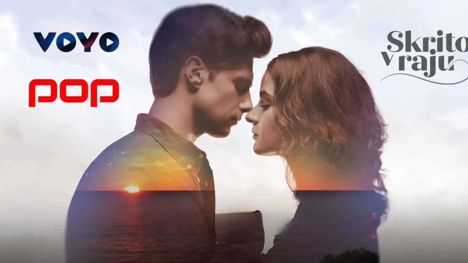 Promotional artwork for Skrito v raju — two young people (Mark and Lara, main protagonists) face each other in near-kiss, their figures double-exposed against a sunset seascape