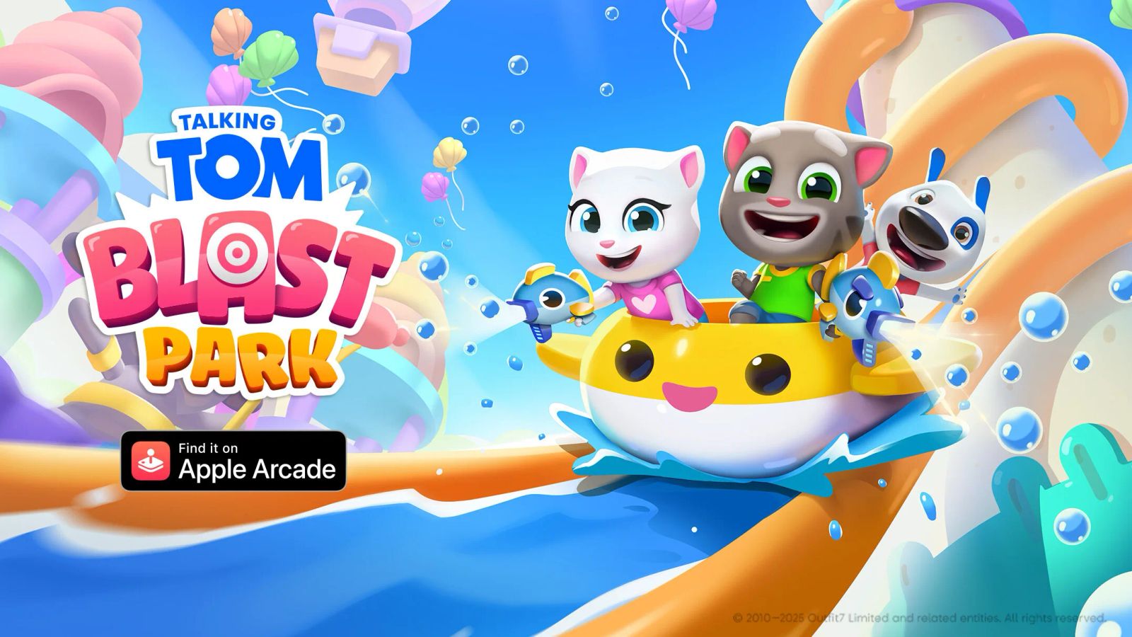 Three Talking Tom characters — Angela, Tom, and Hank — ride a smiling yellow boat down a water slide through a brightly coloured theme park, beneath the Talking Tom Blast Park logo and an Apple Arcade badge