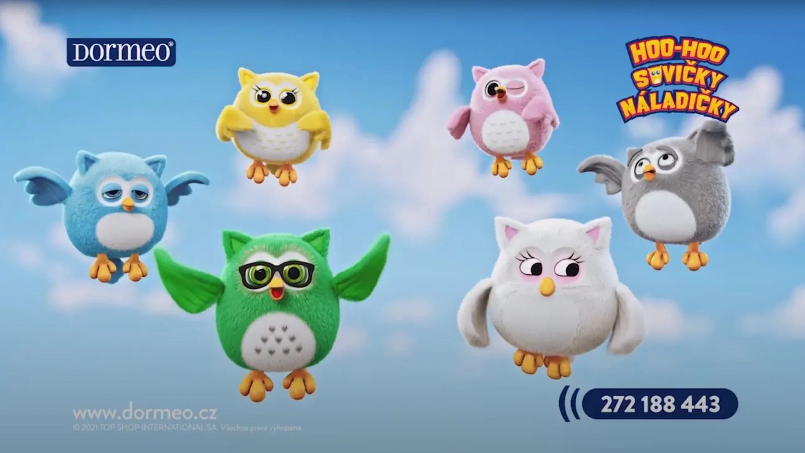 Six animated cartoon owls — yellow, pink, blue, green, grey, and white — floating mid-flight against a soft blue sky, with the Hoo-Hoo Sovičky Náladičky campaign logo and Dormeo branding
